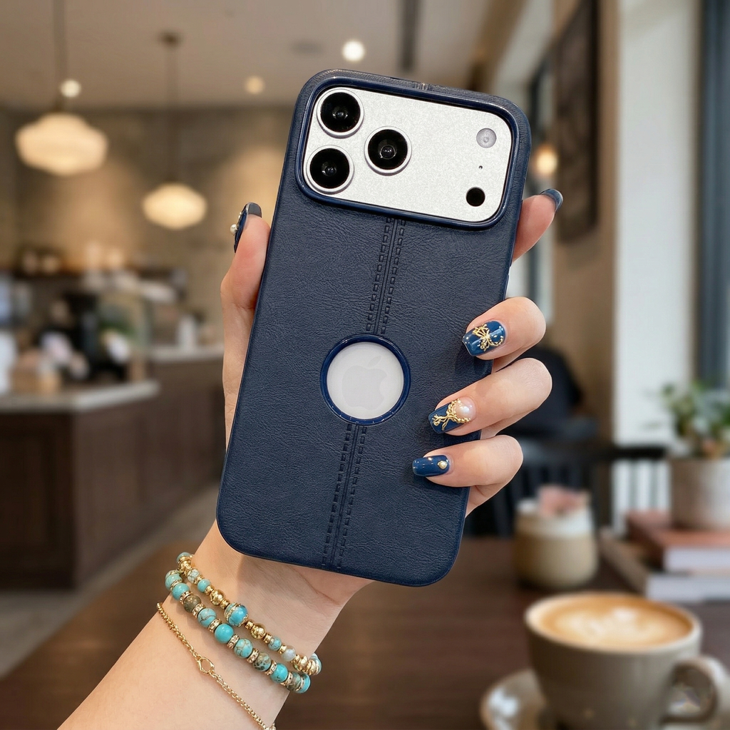 Classic Blue Leatherette Case - Aesthetic Minimalist Professional Design with Apple Logo Cutout