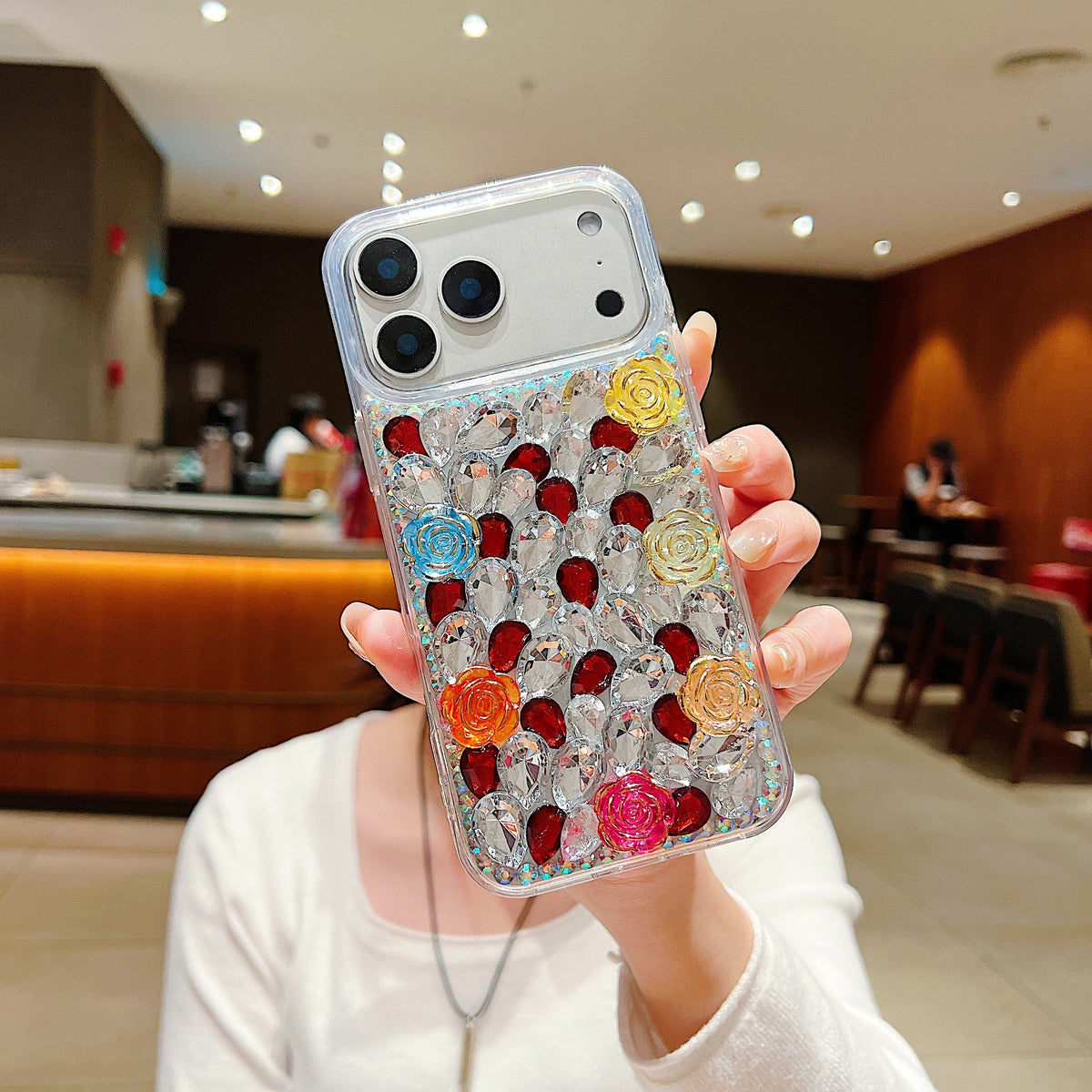 Rainbow Rose Crystal Phone Case – 3D Multicolor Flower & Diamond Gem Case