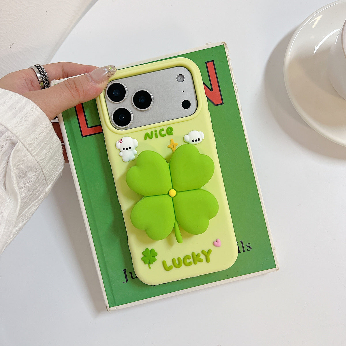 3D Green Clover 'Lucky & Nice' Cute Cartoon Design Silicone Phone Case