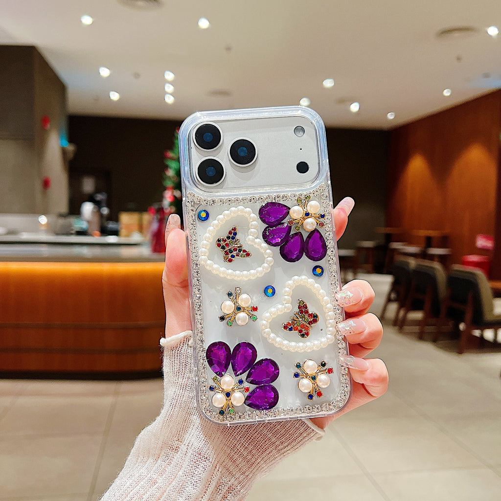 Royal Amethyst Flower Phone Case – Sparkly Diamond & Pearl 3D Floral Design