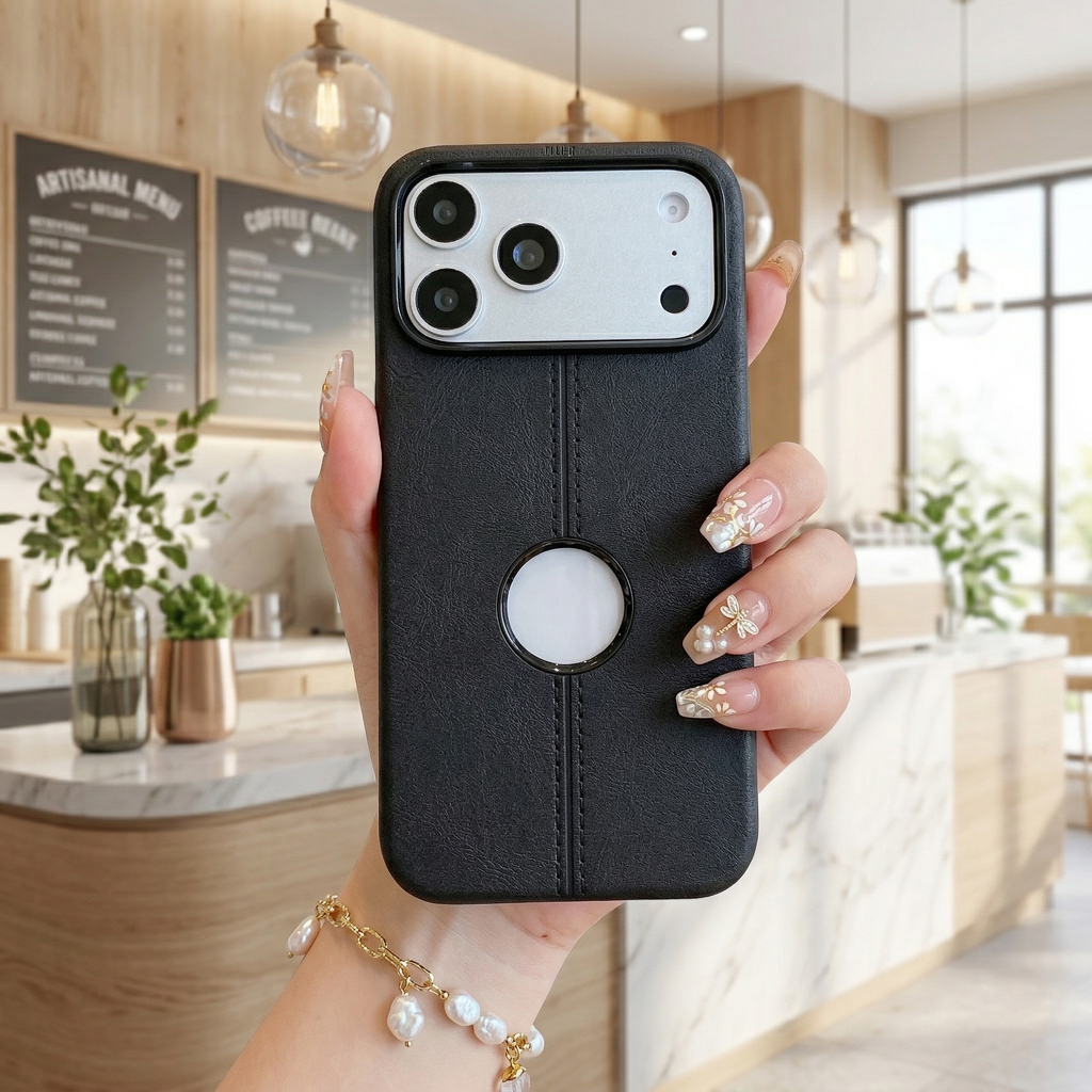 Classic Black Leatherette Case - Aesthetic Minimalist Professional Design with Apple Logo Cutout