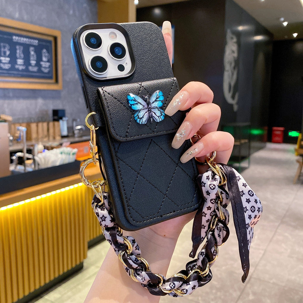 Butterfly Charm Black Leather Wallet - Phone Case For iPhone 18 Pro Max