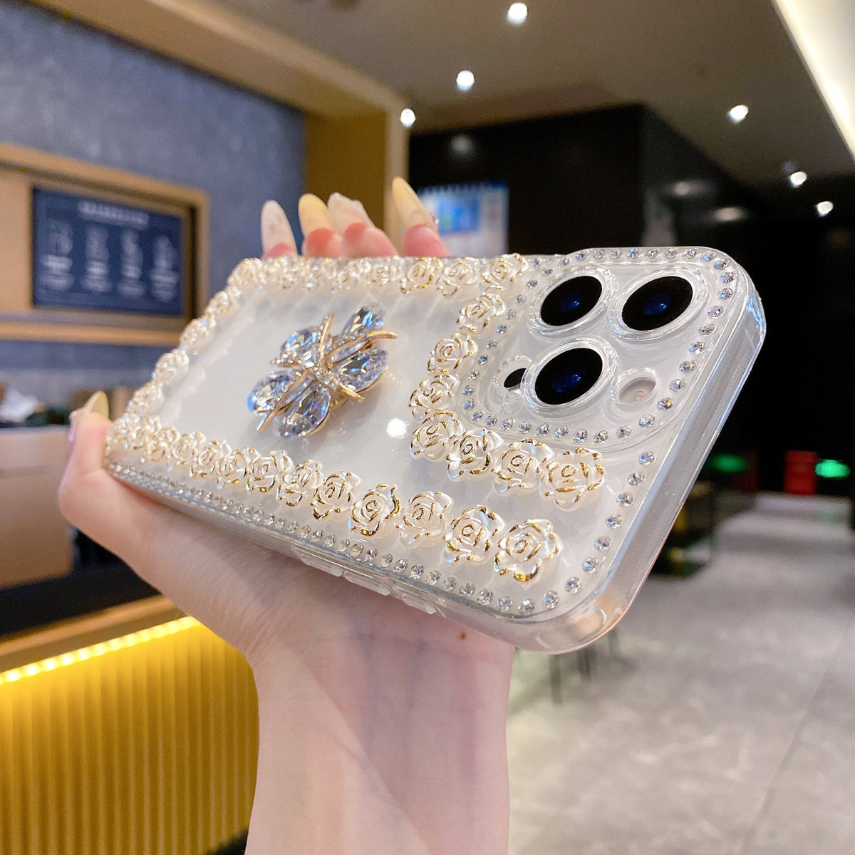 Crystal Flower Bling Case with Rose Border – Elegant 3D Design | Silicon Phone Case