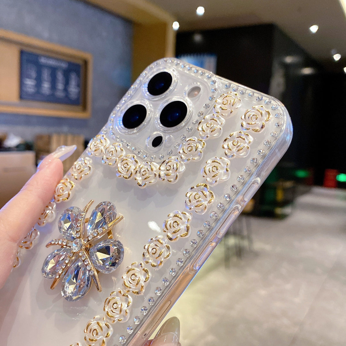 Crystal Flower Bling Case with Rose Border – Elegant 3D Design | Silicon Phone Case