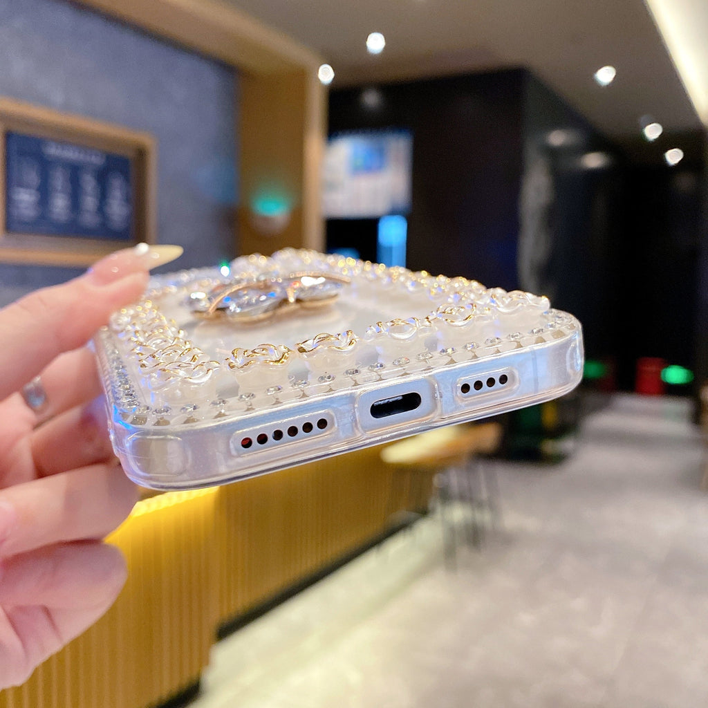 Crystal Flower Bling Case with Rose Border – Elegant 3D Design | Silicon Phone Case
