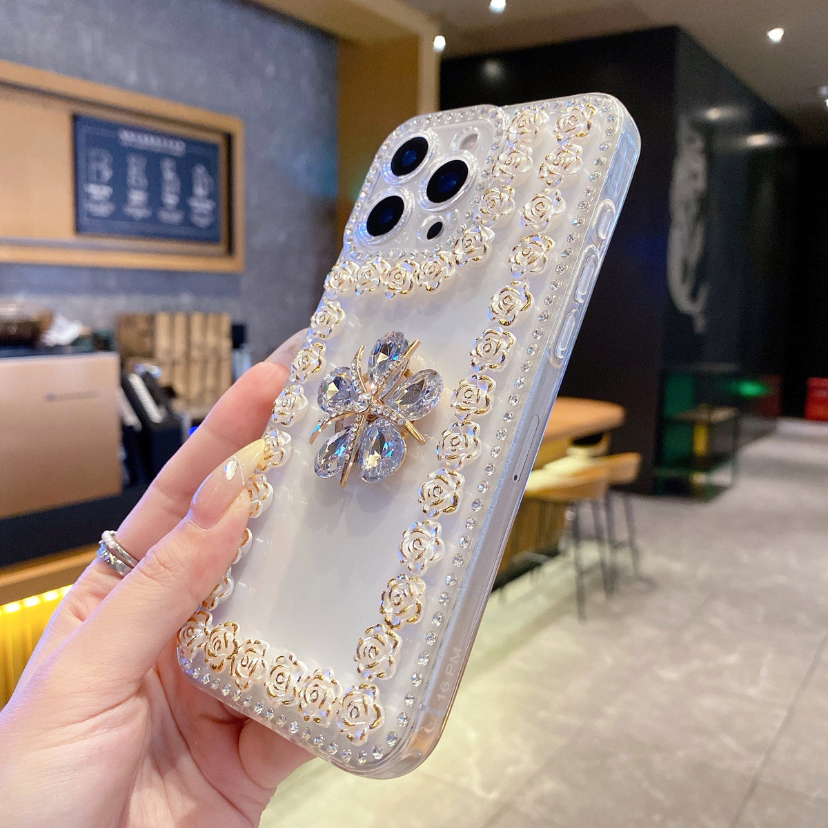 Crystal Flower Bling Case with Rose Border – Elegant 3D Design | Silicon Phone Case