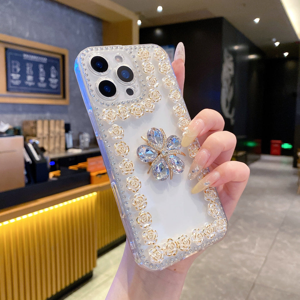 Crystal Flower Bling Case with Rose Border – Elegant 3D Design | Silicon Phone Case