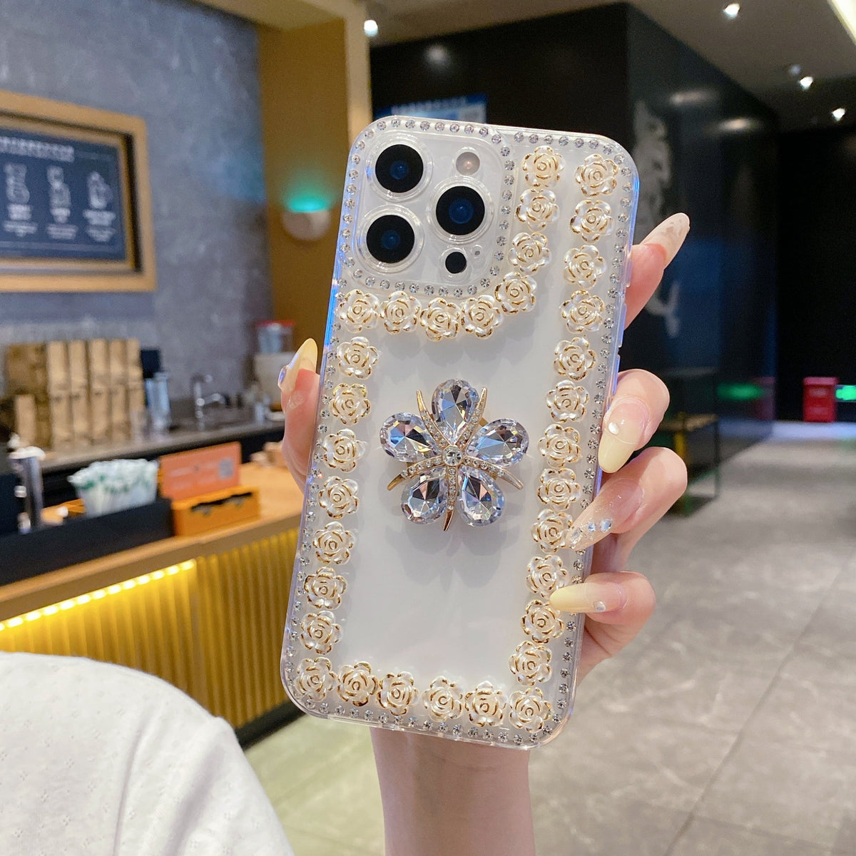 Crystal Flower Bling Case with Rose Border – Elegant 3D Design | Silicon Phone Case