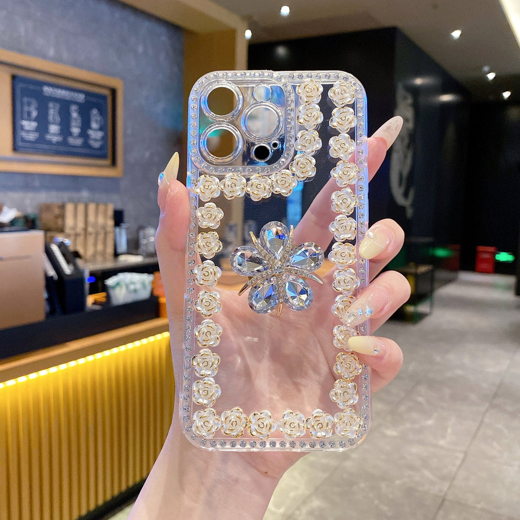 Crystal Flower Bling Case with Rose Border – Elegant 3D Design | Silicon Phone Case
