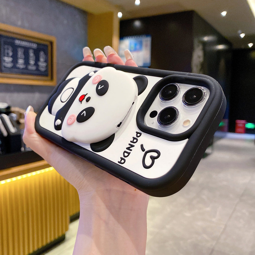 Cute Panda With Mirror Stand - Phone Case For iPhone 18 Pro