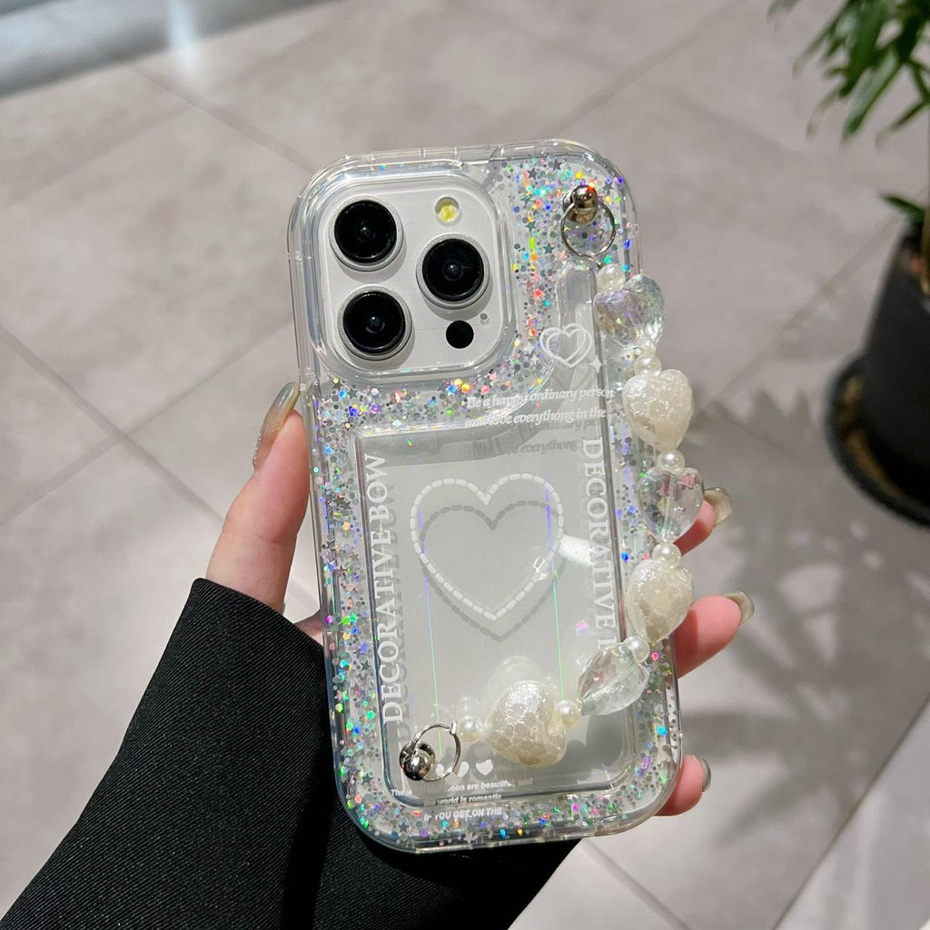 Decorative Bow Glitter Heart With Heart Chain - Phone Case For iPhone 18 Pro Max