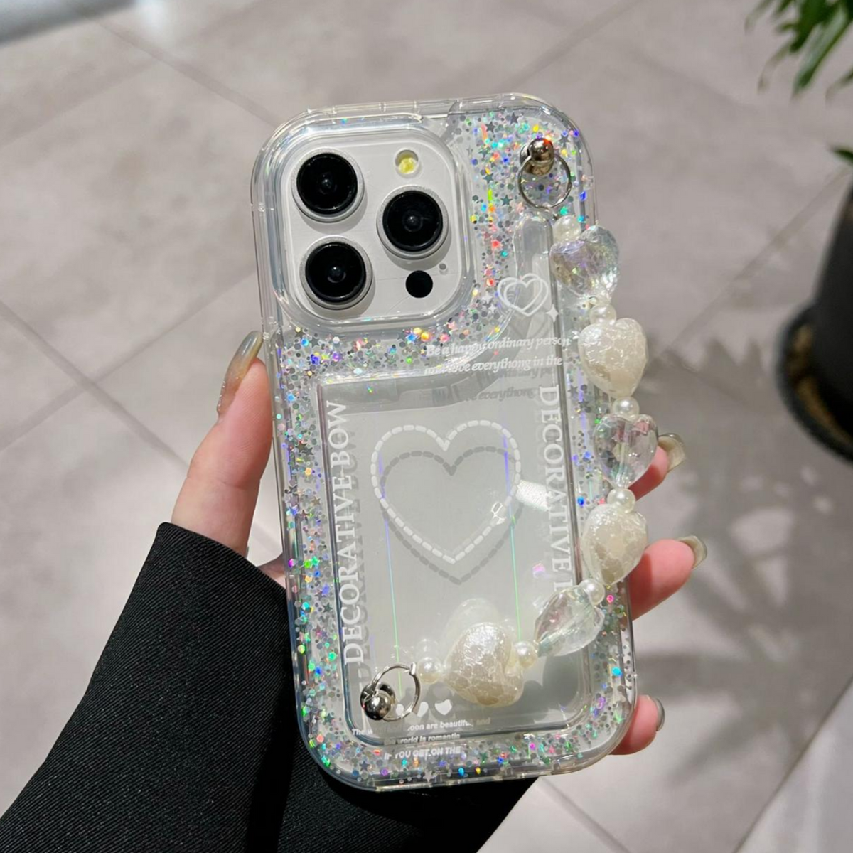 Decorative Bow Glitter Heart With Heart Chain - Phone Case For iPhone 18 Pro Max