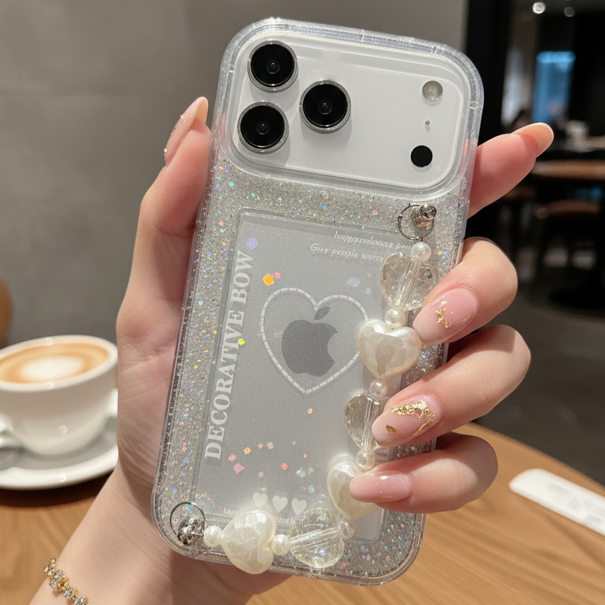 Decorative Bow Glitter Heart With Heart Chain - Phone Case For iPhone 18 Pro Max