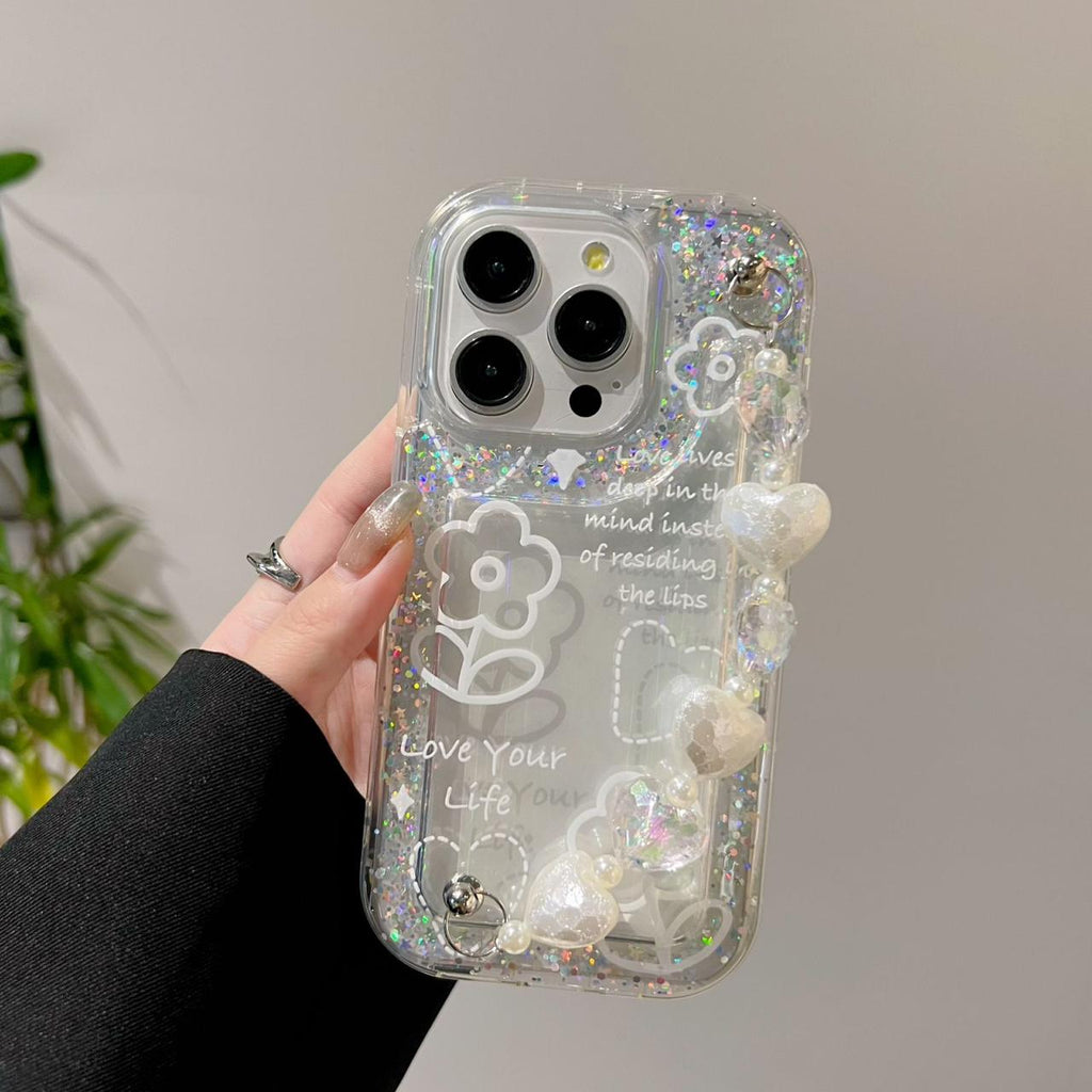 Love Your Life Flower Glitter With Chain - Phone Case For iPhone 18 Pro