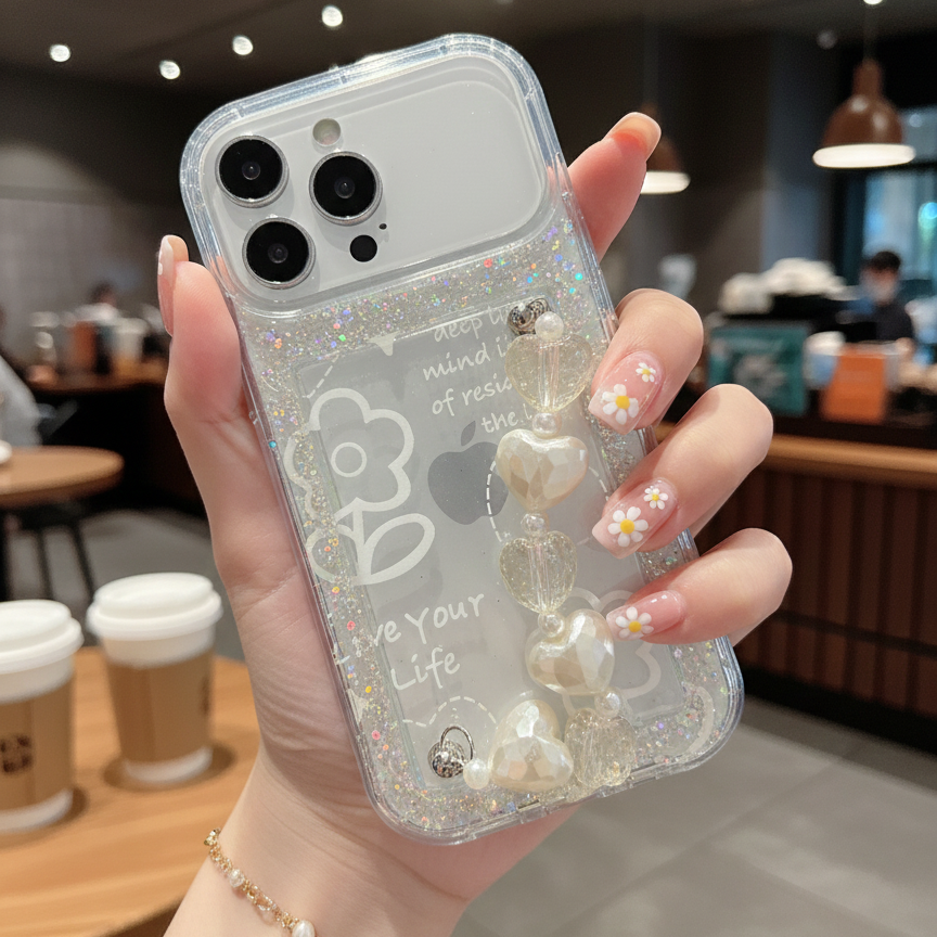 Love Your Life Flower Glitter With Chain - Phone Case For iPhone 18 Pro Max