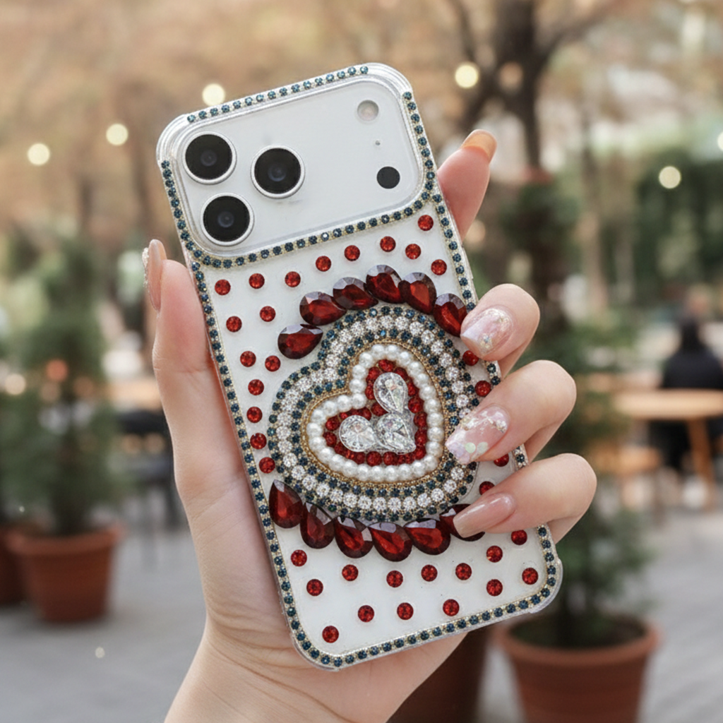 Scarlet Gemstone Full Heart Frame & Crystal Shield - Phone Case For iPhone 18 Pro Max