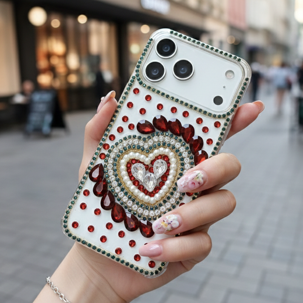 Scarlet Gemstone Full Heart Frame & Crystal Shield - Phone Case For iPhone 18 Pro