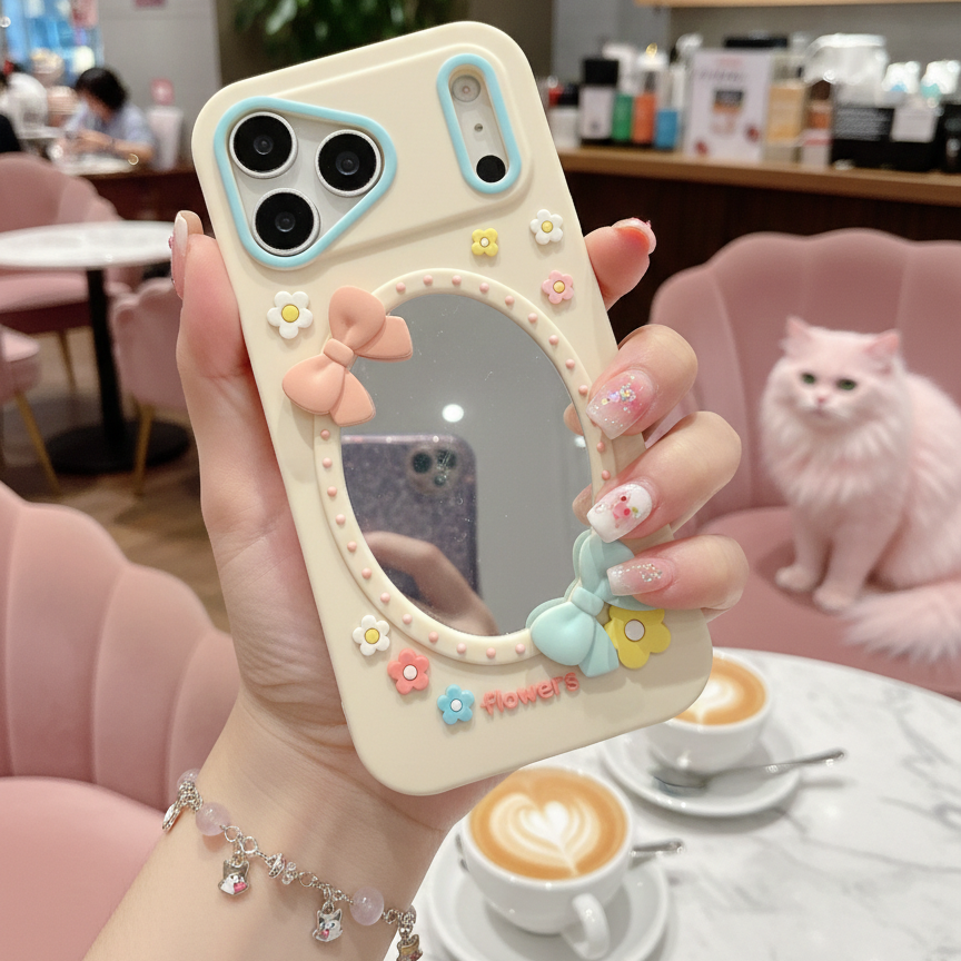 Soft Girl Aesthetic Mirror With Luxury Flower & Bow - Phone Case For iPhone 18 Pro