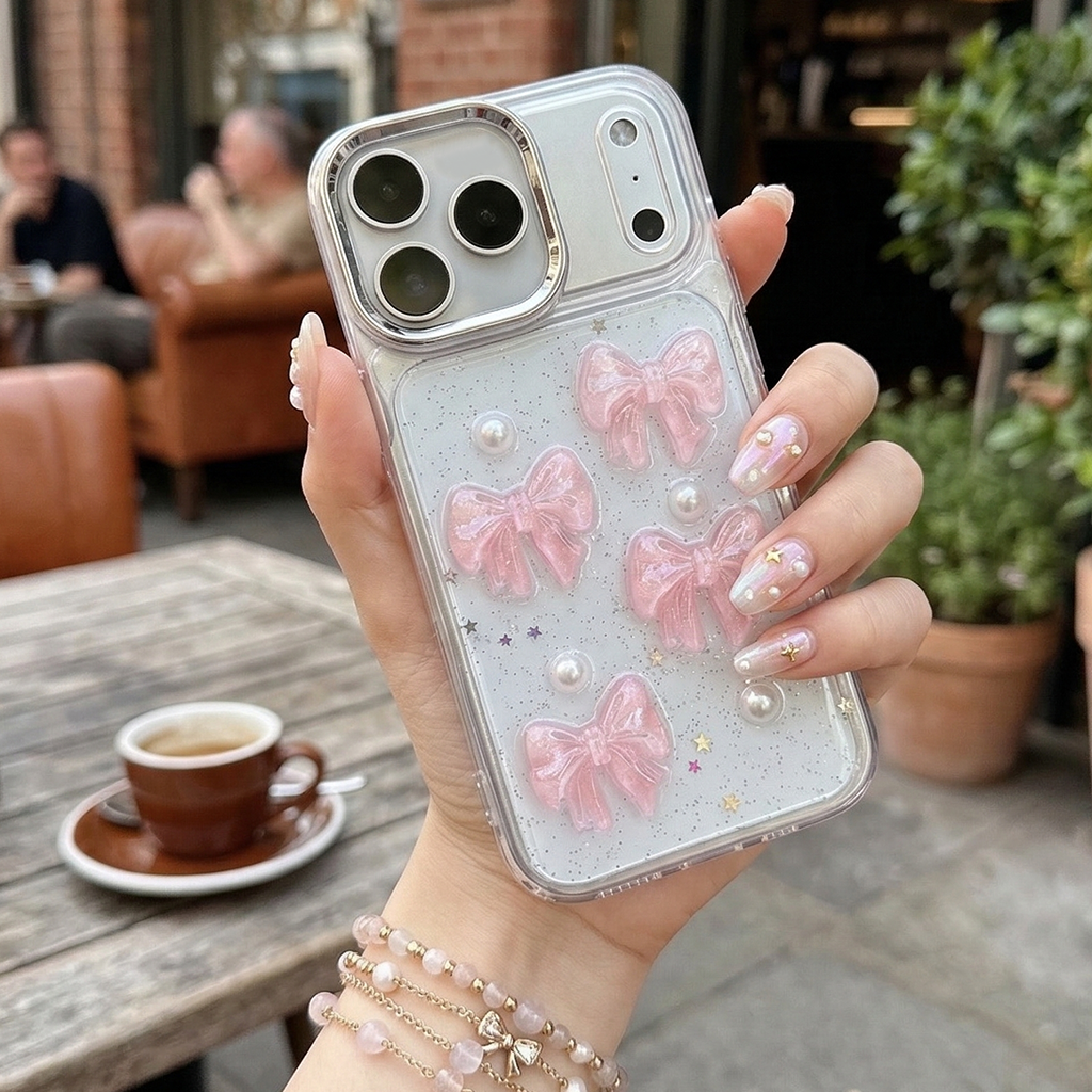 Sweet Kiss Bow & Pearl Star Silicone Case - Phone Case For iPhone 18 Pro Max