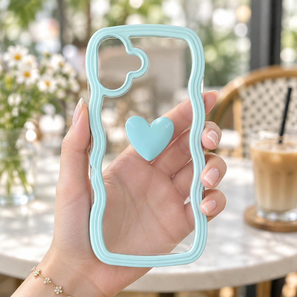 Cute Clear 3D Love Blue Heart Wavy Frame Silicon Phone Case