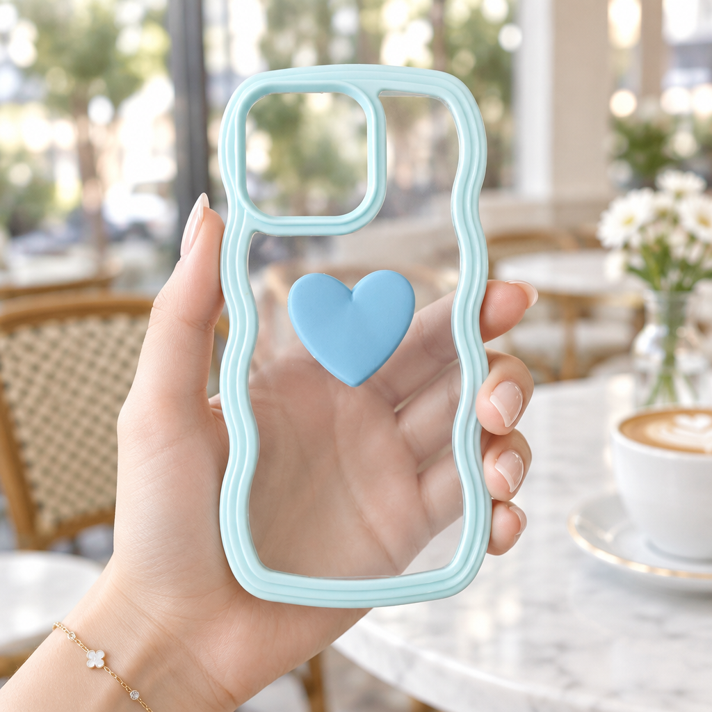 Cute Clear 3D Love Blue Heart Wavy Frame Silicon Phone Case