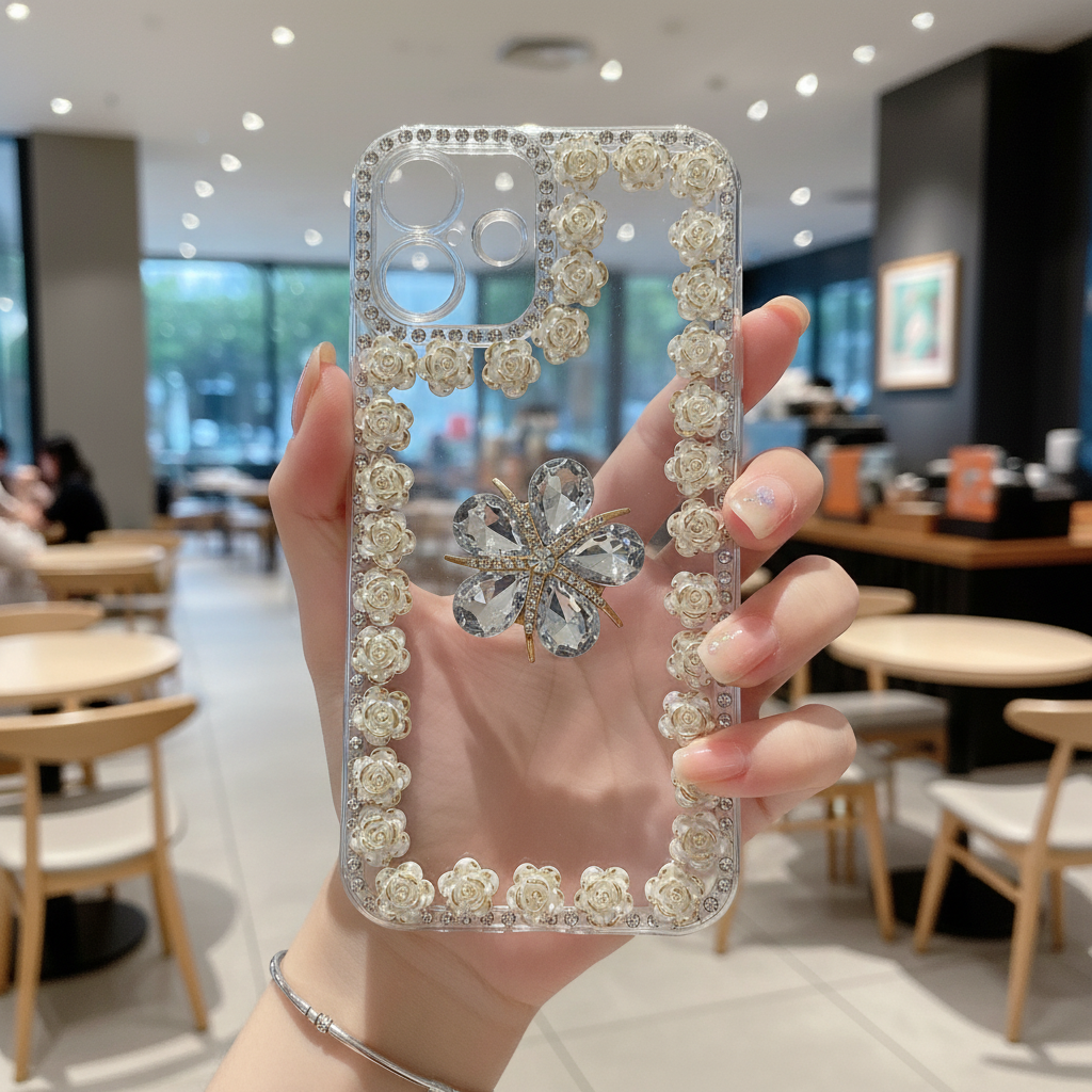 Crystal Flower Bling Case with Rose Border – Elegant 3D Design | Silicon Phone Case