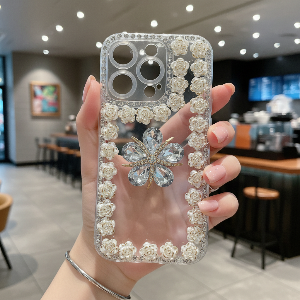 Crystal Flower Bling Case with Rose Border – Elegant 3D Design | Silicon Phone Case