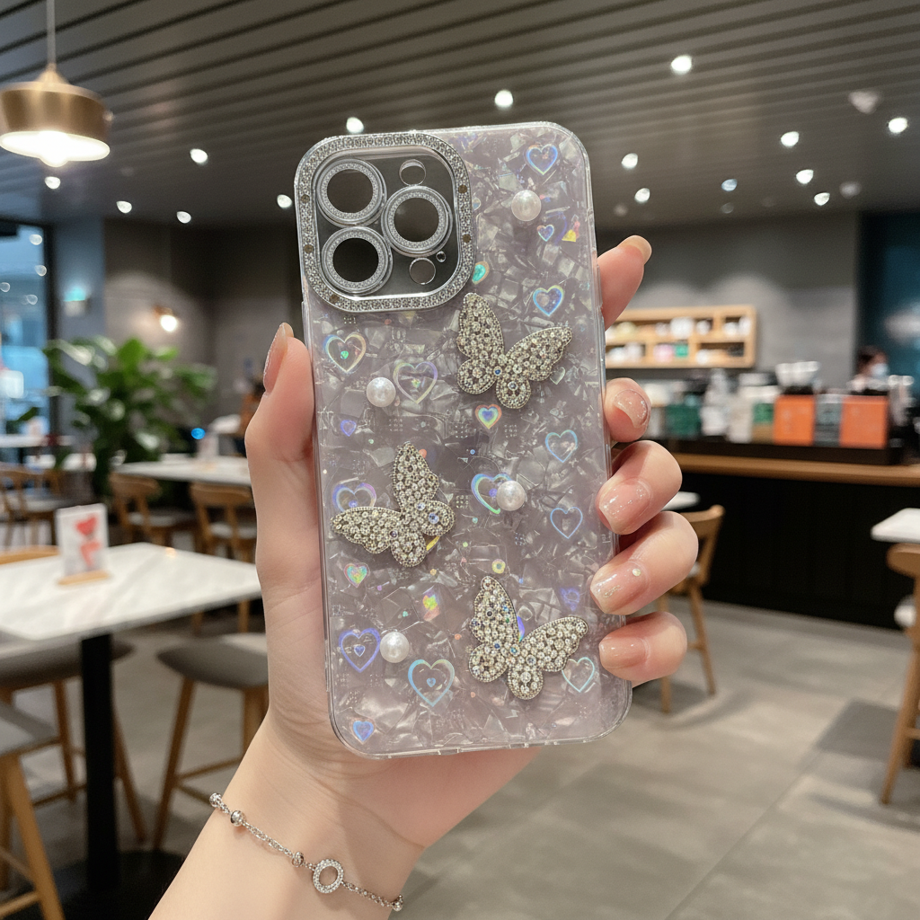Butterfly & Pearl Crush Phone Case - Luxury 3D Crystal Butterfly Shimmer Cover