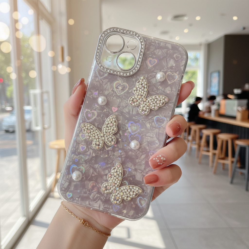 Butterfly & Pearl Crush Phone Case - Luxury 3D Crystal Butterfly Shimmer Cover