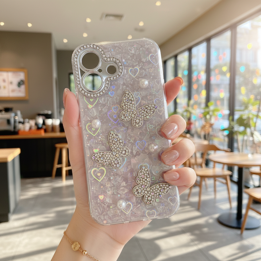 Butterfly & Pearl Crush Phone Case - Luxury 3D Crystal Butterfly Shimmer Cover