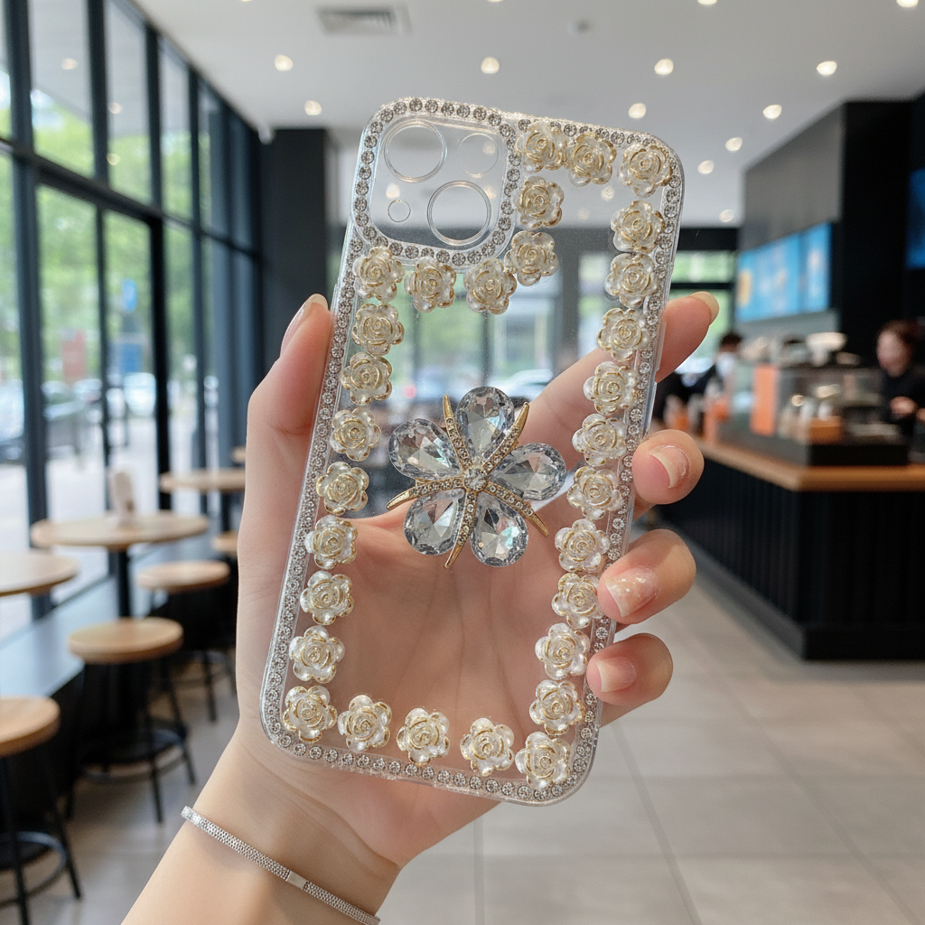 Crystal Flower Bling Case with Rose Border – Elegant 3D Design | Silicon Phone Case