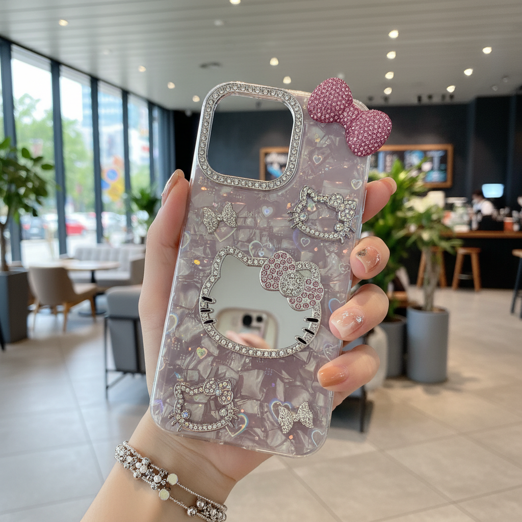 Dreamy Kitty Bow Series Case - Premium Jeweled Mirror Design with Diamond Camera Guard