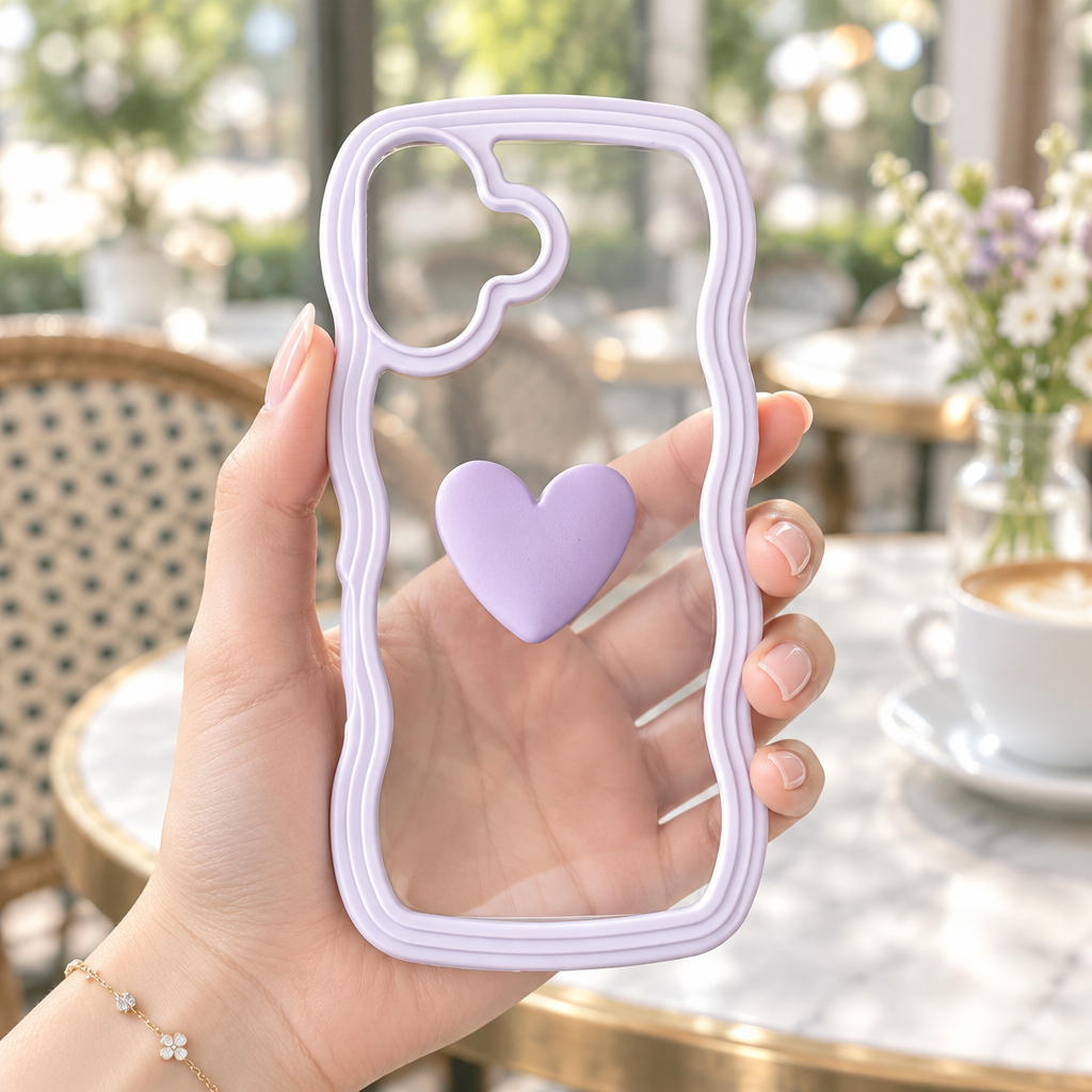 Cute Clear 3D Love Purple Heart Wavy Frame Silicon Phone Cases