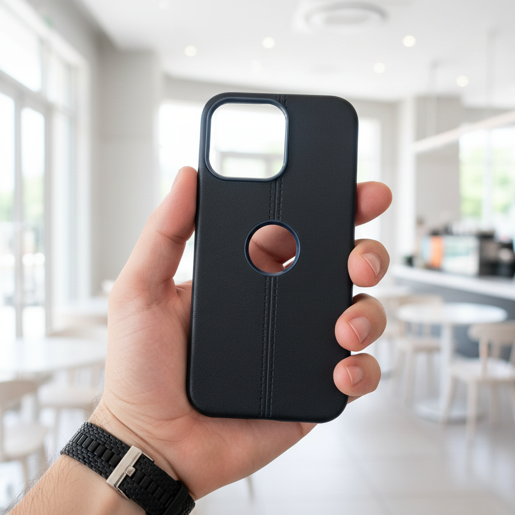 Classic Blue Leatherette Case - Aesthetic Minimalist Professional Design with Apple Logo Cutout