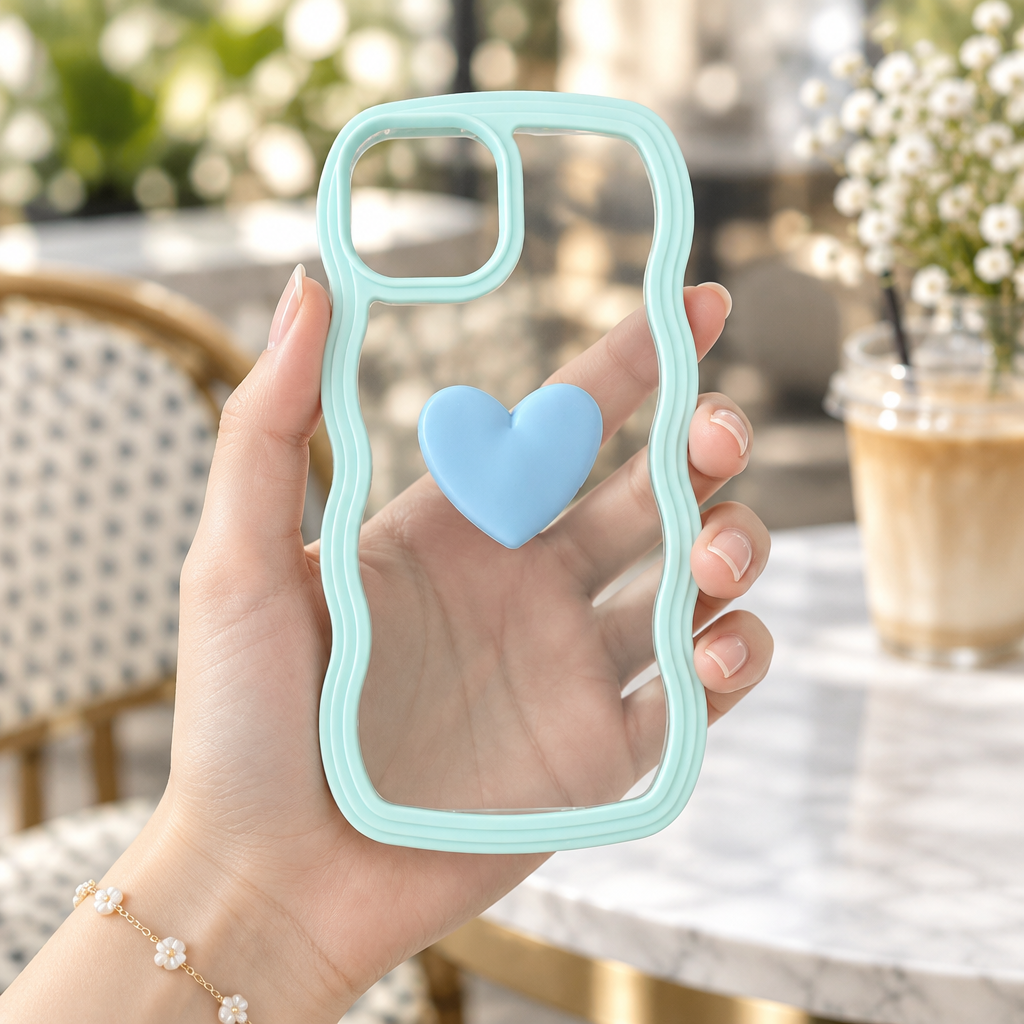 Cute Clear 3D Love Blue Heart Wavy Frame Silicon Phone Case