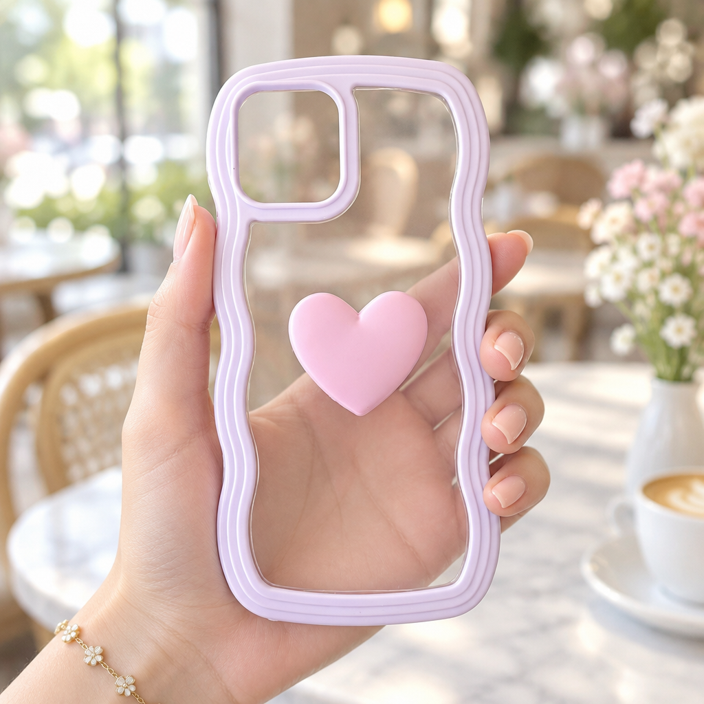 Cute Clear 3D Love Purple Heart Wavy Frame Silicon Phone Cases